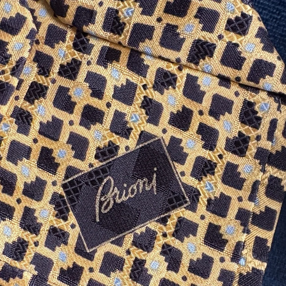 Brioni 100% Silk Hand Made Italian Gold and Black Geometric Tie